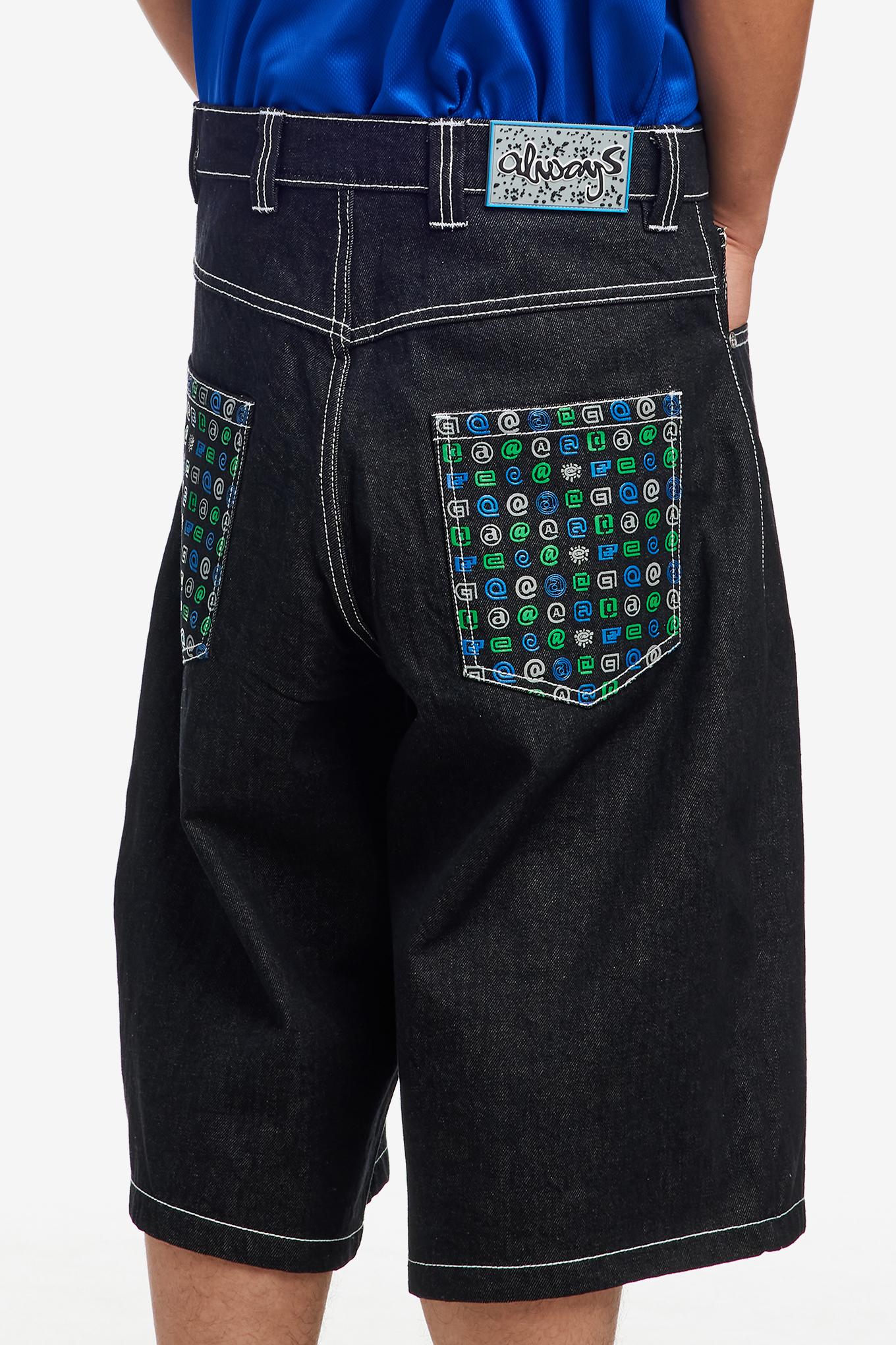 BACK POCKET PRINT DENIM SHORTS-ALWAYS DO WHAT YOU SHOULD DO-74000